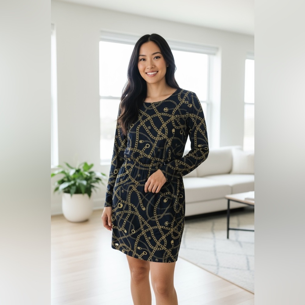 Michael Kors stretchy gold chain long sleeves dress size large new with tag